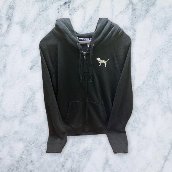 victoria’s Secret Black Hoodie with Sequin PINK Logo size L - Picture 2 of 9